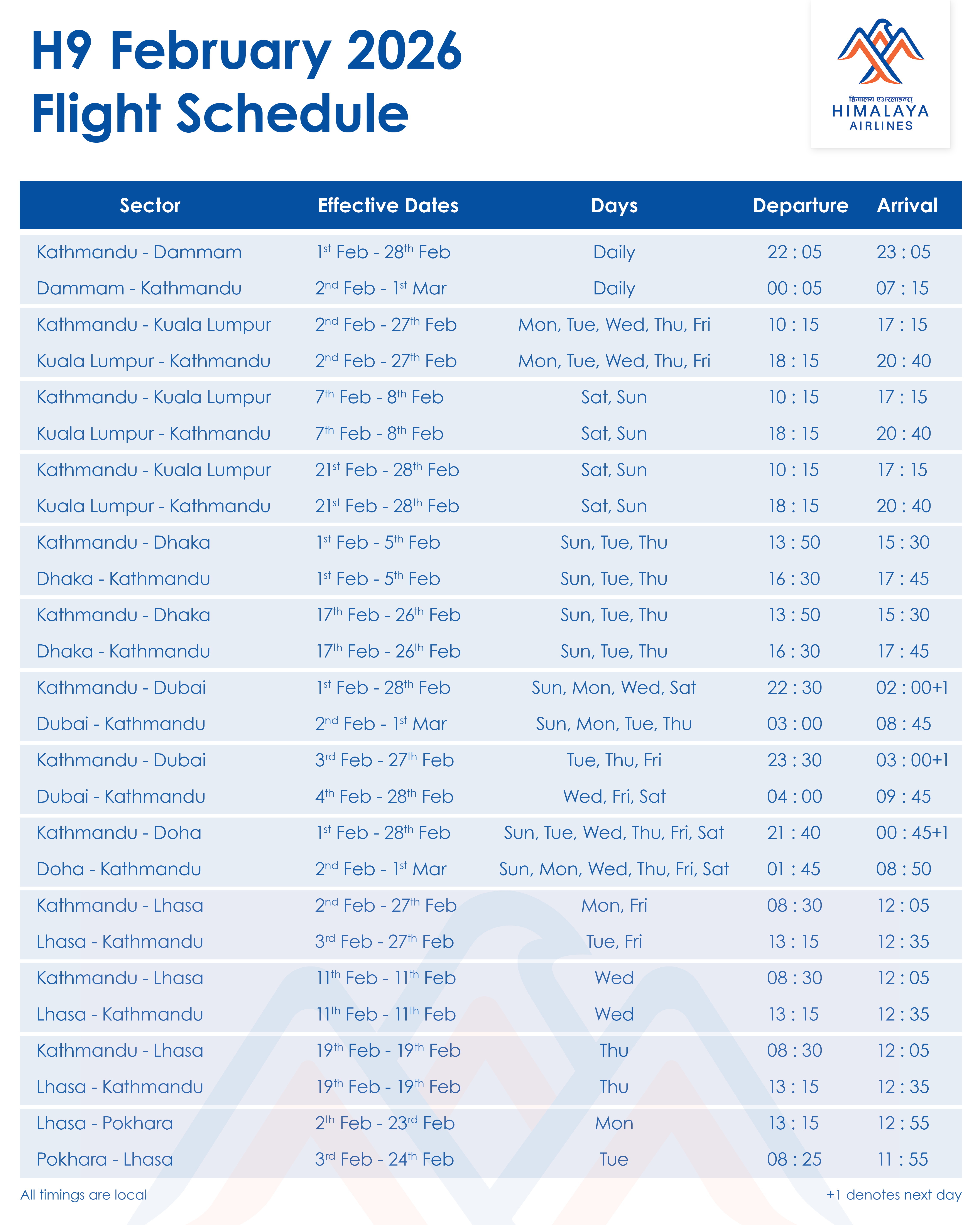 H9 February 2026 Flight Schedule February 